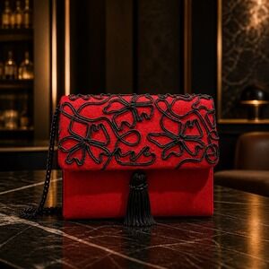 Vintage Red Suede Crossbody Bag with Black Soutache Floral Trim and Tassel